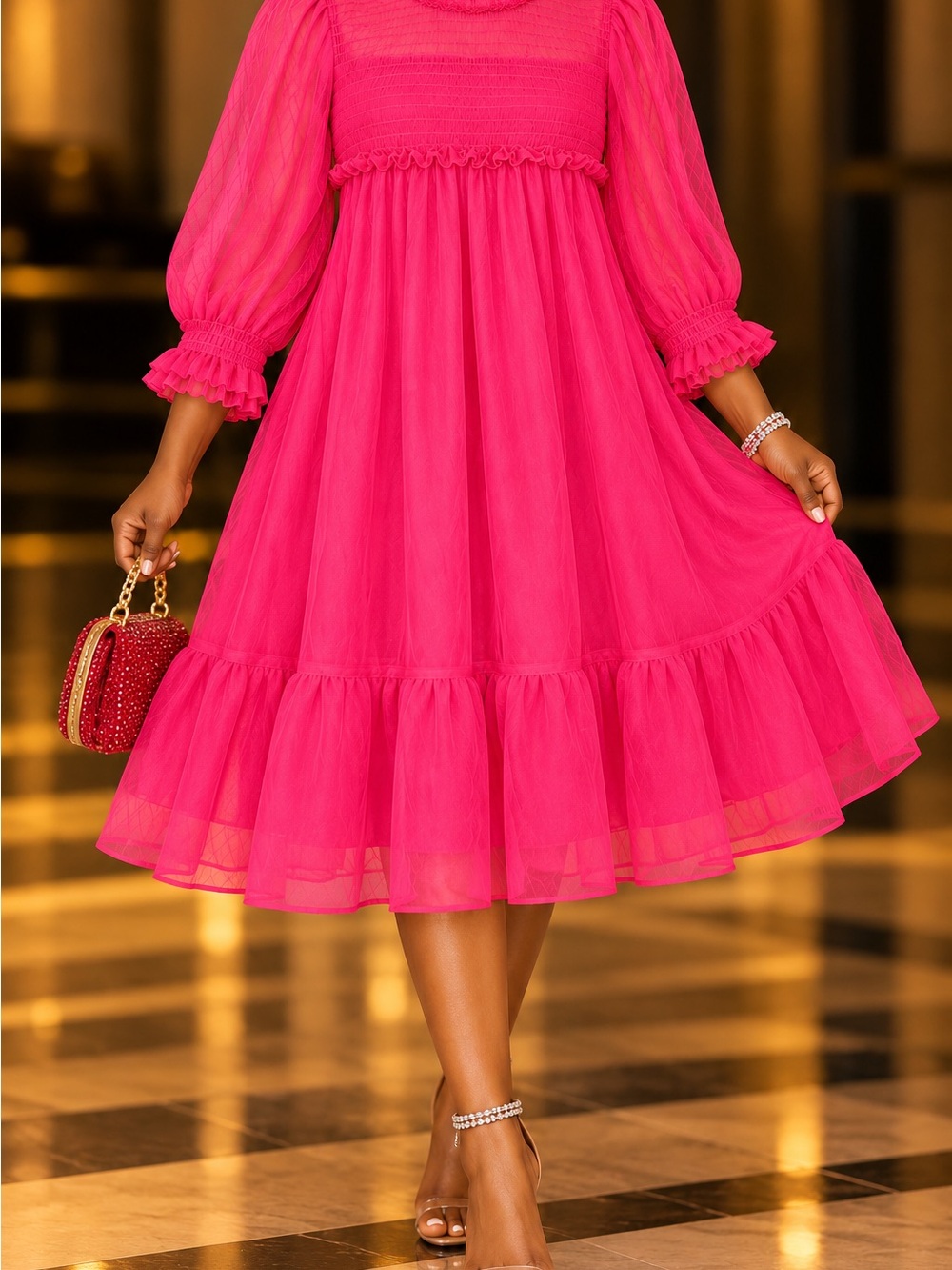 Divided Fuchsia Puff Sleeve Midi Dress